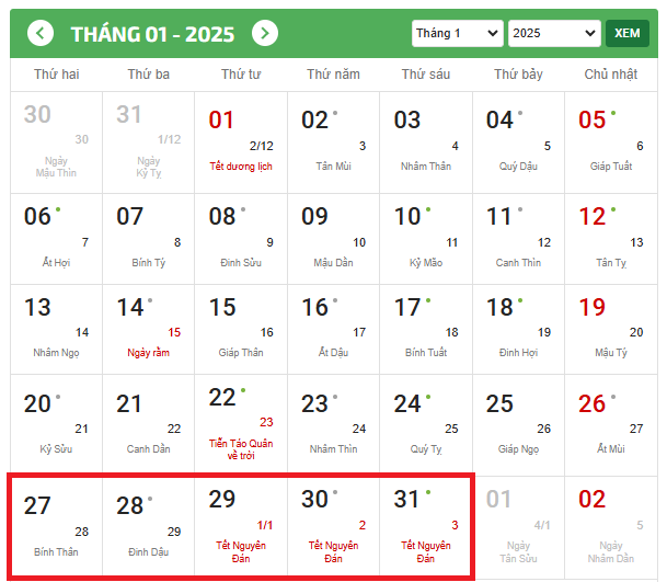 04 phương án lịch nghỉ Tết Âm lịch 2025 của người lao động