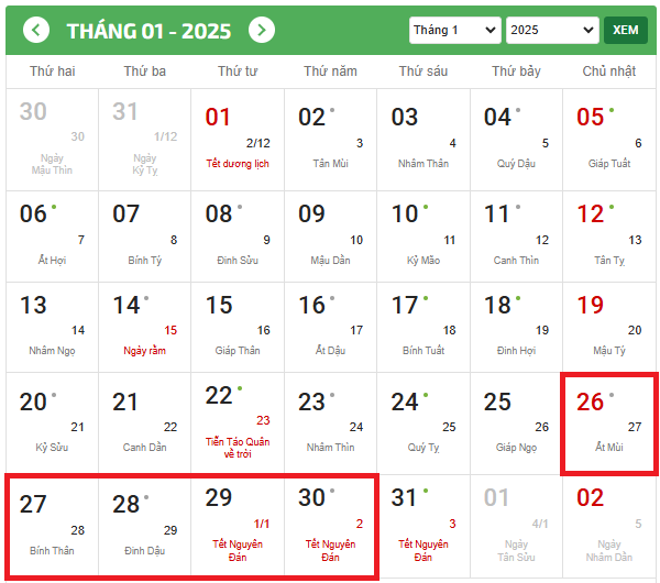 04 phương án lịch nghỉ Tết Âm lịch 2025 của người lao động