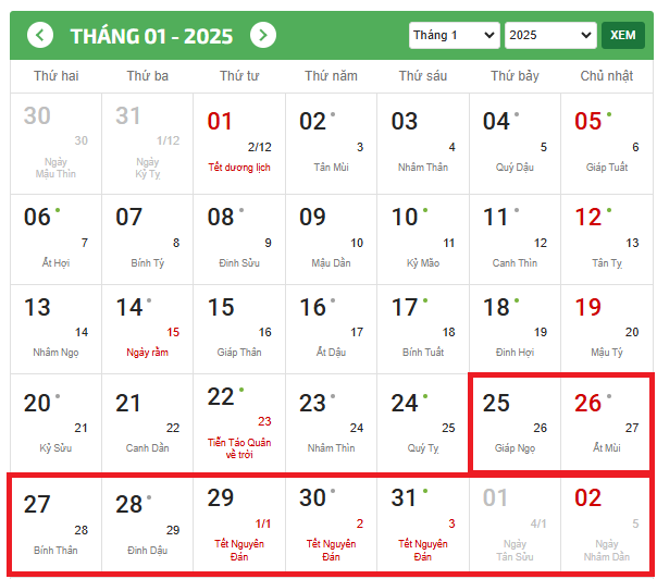 04 phương án lịch nghỉ Tết Âm lịch 2025 của người lao động