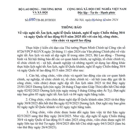 Đã có Thông báo 6150 về nghỉ tết Âm lịch năm 2025 với cán bộ, công chức và viên chức