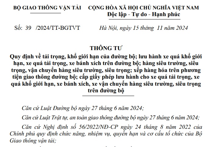 Đã có Thông tư 39/2024 về tải trọng, khổ giới hạn của đường bộ từ 01/01/2025