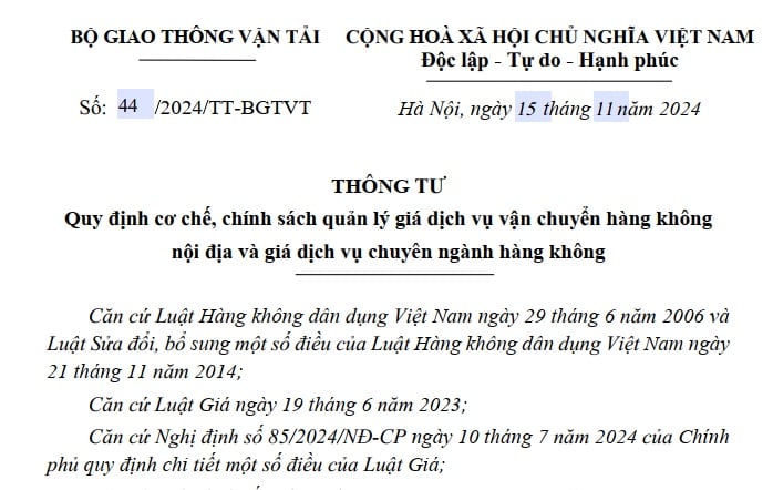 Đã có Thông tư 44/2024 về giá dịch vụ vận chuyển hàng không nội địa