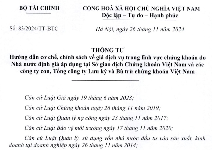 Đã có Thông tư 83/2024 về giá dịch vụ trong lĩnh vực chứng khoán từ 10/01/2025