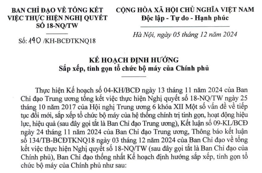 Đã có Kế hoạch tinh gọn bộ máy Chính phủ (Kế hoạch 140/KH-BCĐTKNQ18)