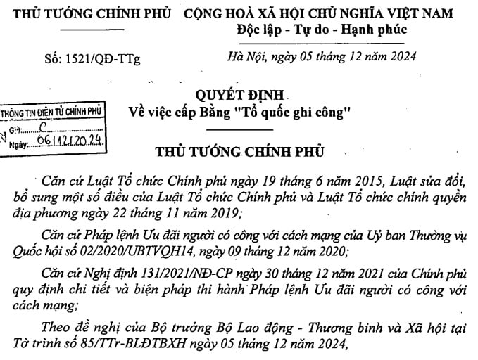 Danh sách 12 liệt sỹ hy sinh tại Quân khu 7 được cấp bằng Tổ quốc ghi công theo Quyết định 1521/QĐ-TTg