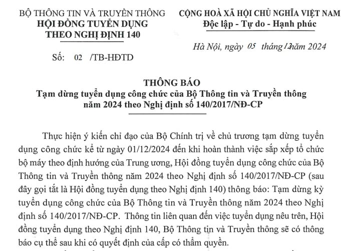 Thông báo tạm dừng tuyển dụng công chức năm 2024 của Bộ Thông tin và Truyền thông