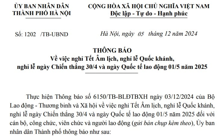 Lịch nghỉ Tết Âm lịch 2025 ở Hà Nội theo Thông báo 1202/TB-UBND