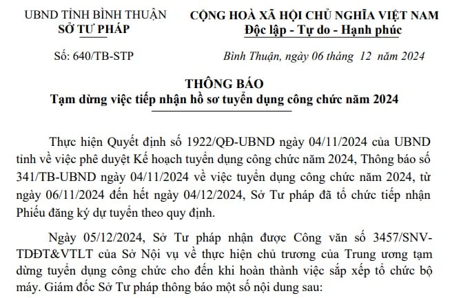 Đã có Thông báo 640 về tạm dừng tuyển dụng công chức năm 2024 ở Bình Thuận