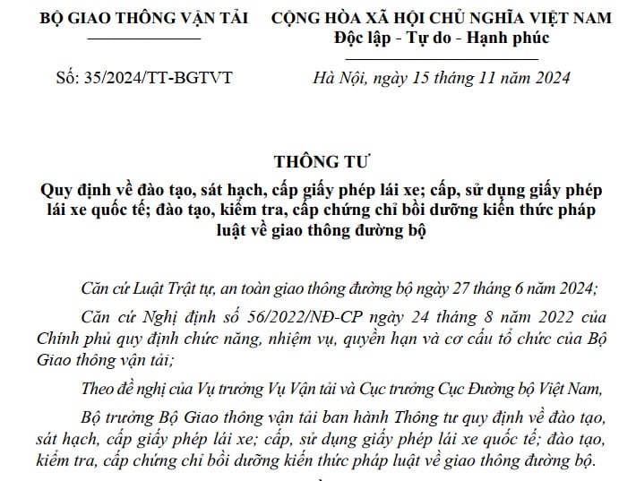 Đã có Thông tư 35/2024 về đào tạo, sát hạch, cấp giấy phép lái xe từ 01/01/2025