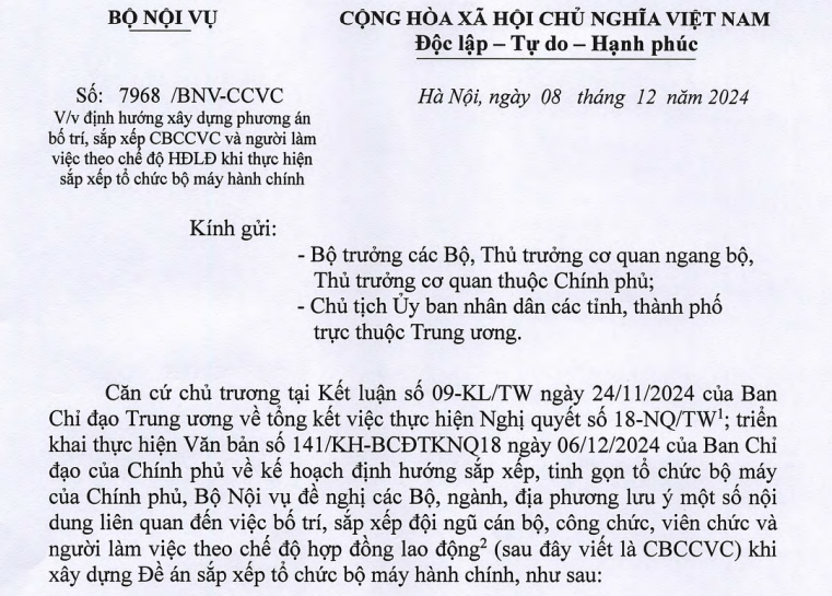 Công văn 7968 hướng dẫn sắp xếp bố trí cán bộ khi tinh gọn tổ chức bộ máy