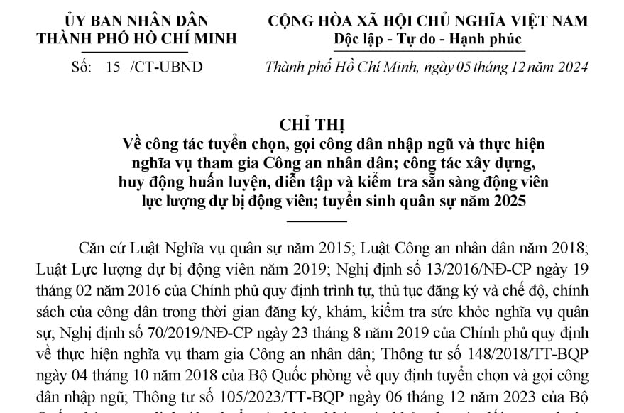 Đã có Chỉ thị số 15 về tuyển chọn công dân đi nghĩa vụ quân sự năm 2025 ở TPHCM