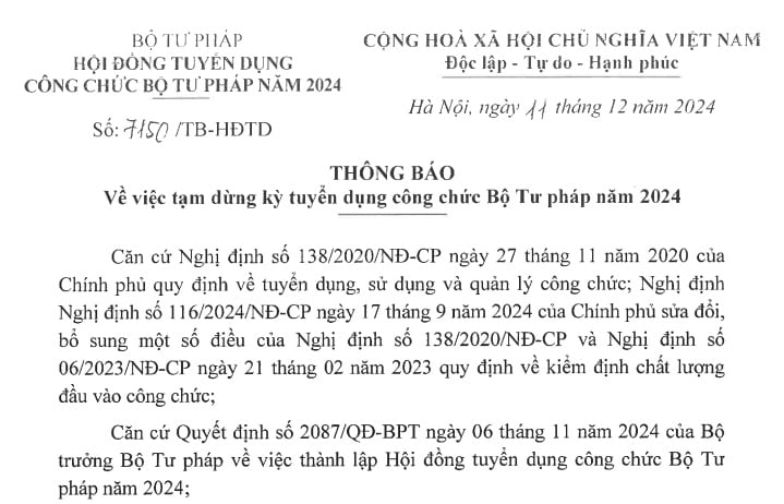 Thông báo 7150 về tạm dừng tuyển dụng công chức 2024 của Bộ Tư pháp