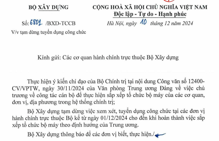 Thông báo 6801 về tạm dừng tuyển dụng công chức của Bộ Xây dựng