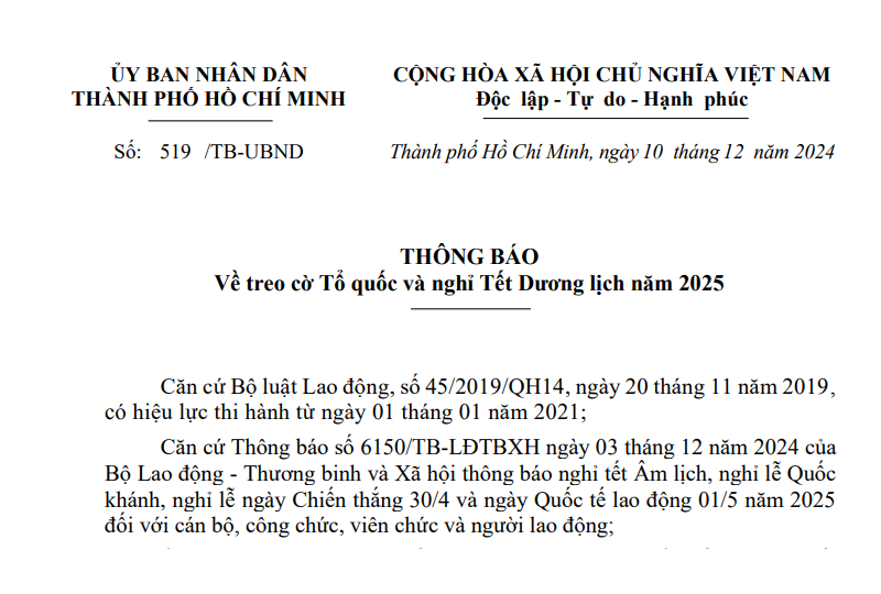 Thông báo lịch nghỉ Tết Dương lịch 2025 và treo cờ Tổ quốc tại TPHCM