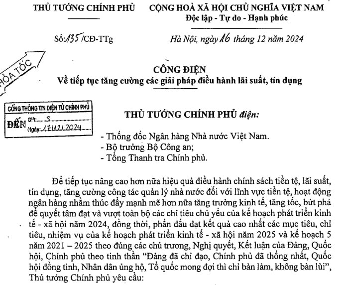 Công điện 135 về tiếp tục tăng cường các giải pháp điều hành lãi suất, tín dụng