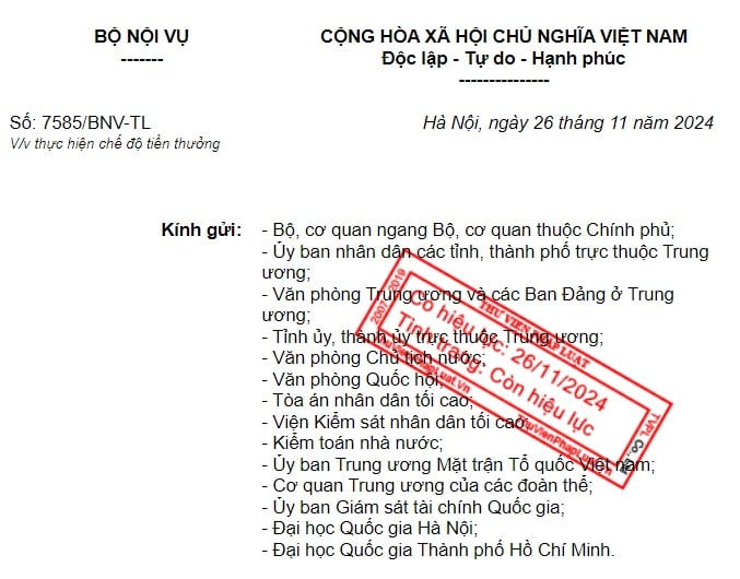 Đã có Công văn 7585 về thực hiện chế độ tiền thưởng theo Nghị định 73/2024/NĐ-CP