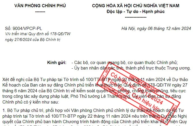 Công văn 9004 triển khai Quy định 178 về phòng chống tham nhũng trong công tác xây dựng pháp luật