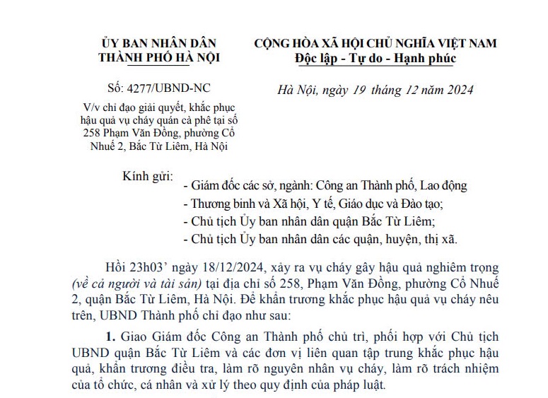 Hà Nội: Công văn 4277 chỉ đạo giải quyết, khắc phục hậu quả vụ cháy quán cà phê tại số 258 Phạm Văn Đồng