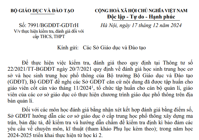 Đã có Công văn 7991 hướng dẫn kiểm tra đánh giá đối với cấp THCS, THPT