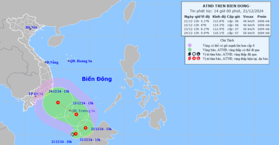 Thông tin về áp thấp nhiệt đới trên Biển Đông, hướng vào vùng biển Nam Bộ 