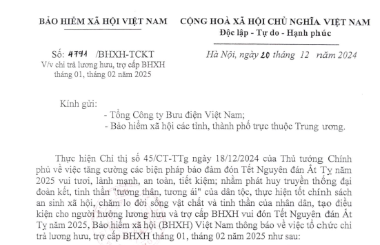 Đã có Công văn 4791 về phát gộp 02 tháng lương hưu trước Tết Nguyên đán 2025