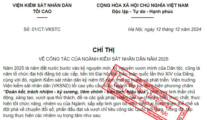 Đã có Chỉ thị 01 về công tác của ngành Kiểm sát nhân dân năm 2025