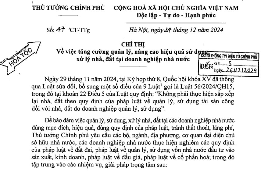 Đã có Chỉ thị 47 về tăng cường xử lý nhà đất tại doanh nghiệp nhà nước