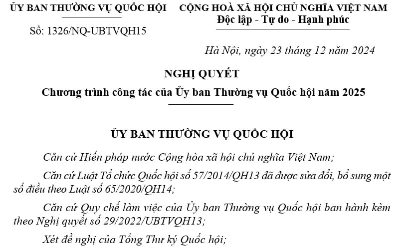 Đã có Nghị quyết 1326 về Chương trình công tác của Ủy ban Thường vụ Quốc hội năm 2025