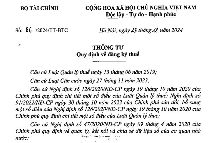 Đã có Thông tư 86/2024 về đăng ký thuế từ 06/02/2025