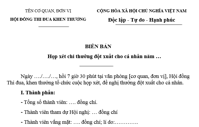 Biên bản họp xét chi thưởng đột xuất cho cá nhân theo Nghị định 73