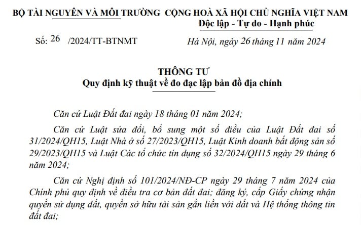 Đã có Thông tư 26/2024 về lập bản đồ địa chính từ 15/01/2025