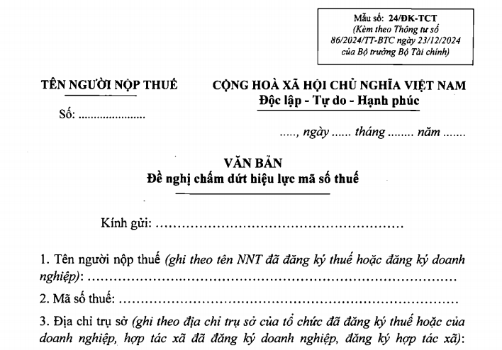 Mẫu văn bản đề nghị chấm dứt hiệu lực mã số thuế theo Thông tư 86 2024