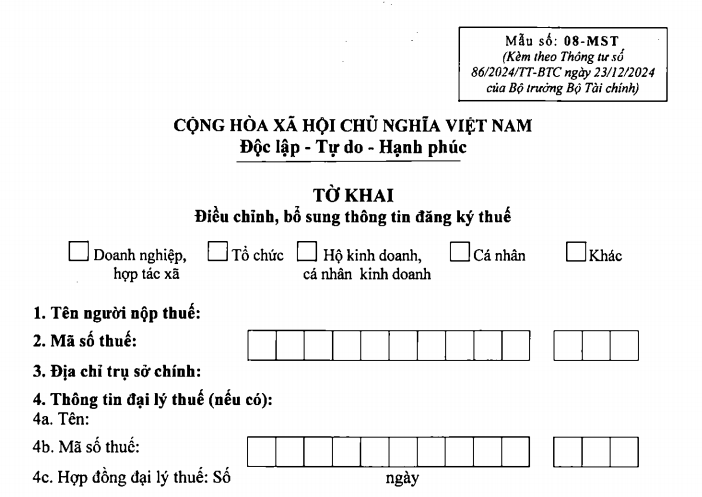 Mẫu tờ khai điều chỉnh, bổ sung thông tin đăng ký thuế theo Thông tư 86 2024