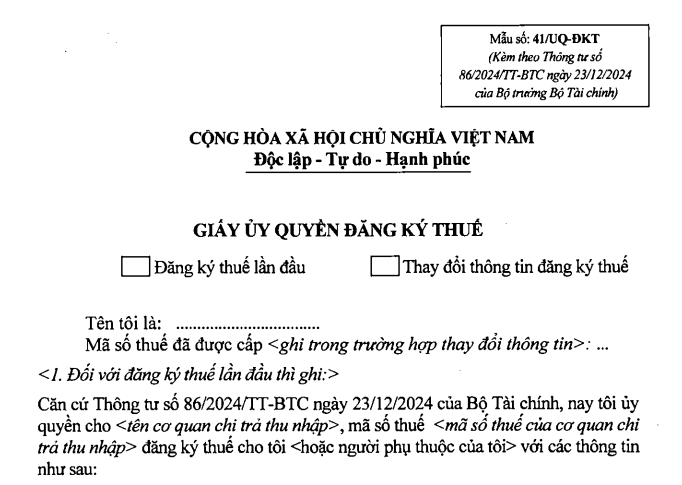 Mẫu giấy ủy quyền đăng ký thuế áp dụng từ ngày 06/02/2025 (Mẫu số 41/UQ-ĐKT)