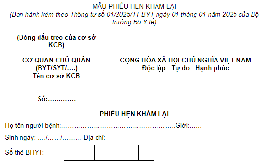 Quy định giấy hẹn khám lại từ ngày 01/01/2025