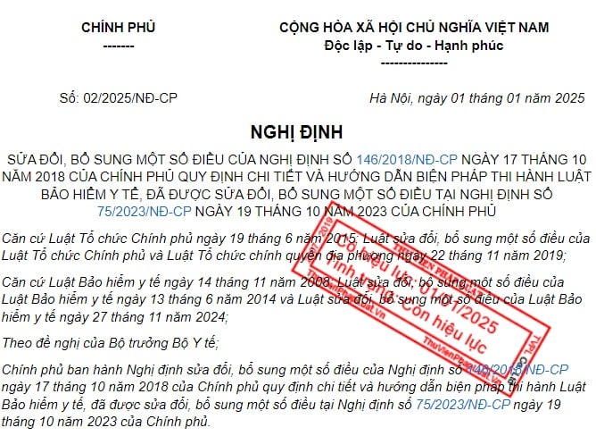 Chính phủ đã ban hành Nghị định 02/2025/NĐ-CP sửa đổi Nghị định 146/2018/NĐ-CP hướng dẫn Luật Bảo hiểm y tế.