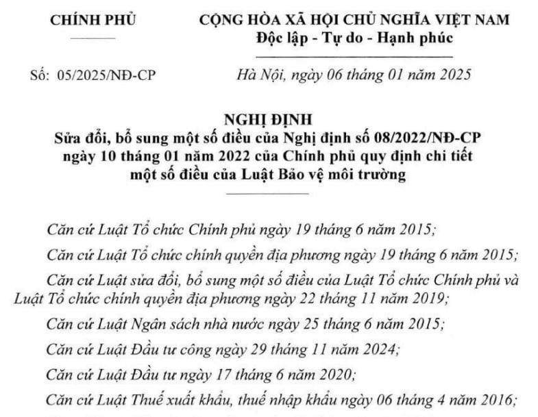 Đã có Nghị định 05/2025/NĐ-CP sửa Nghị định 08/2022 hướng dẫn Luật Bảo vệ môi trường