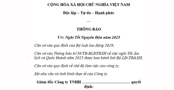 Mẫu thông báo nghỉ Tết Âm lịch 2025 cho doanh nghiệp 