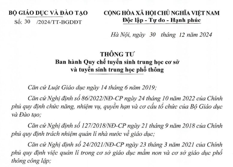 Đã có Quy chế thi lớp 10 năm 2025 (Thông tư 30/2024/TT-BGDĐT)