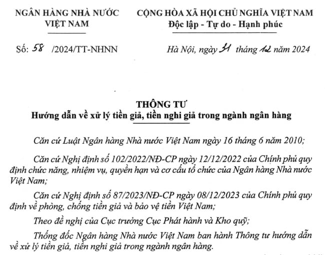 Đã có Thông tư 58/2024 về xử lý tiền giả từ 14/02/2025