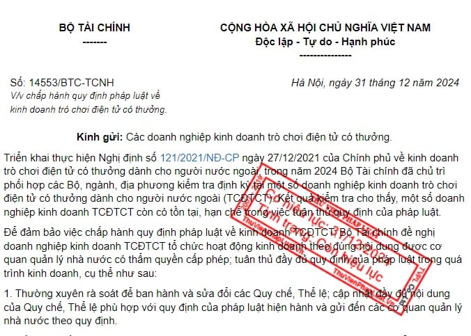 Công văn 14553 về chấp hành quy định về kinh doanh trò chơi điện tử có thưởng