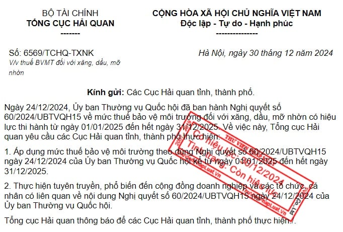 Công văn 6569 hướng dẫn thuế bảo vệ môi trường đối với xăng dầu của Tổng cục Hải quan