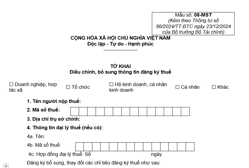 Mẫu số 08-MST: Tờ khai điều chỉnh, bổ sung thông tin đăng ký thuế năm 2025