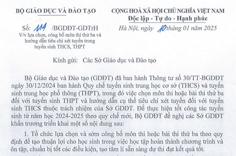 Đã có Công văn 114 về công bố môn thi thứ ba và hướng dẫn tiêu chí xét tuyển THCS, THPT năm 2025