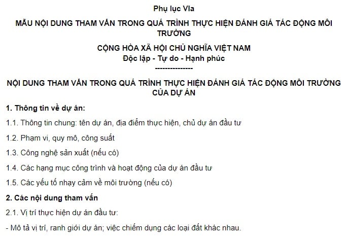 Mẫu nội dung tham vấn trong đánh giá tác động môi trường năm 2025