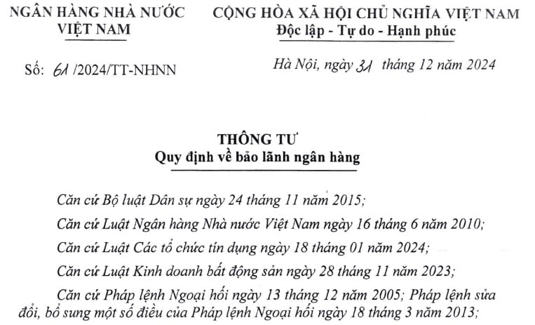 Đã có Thông tư 61/2024 về bảo lãnh ngân hàng từ 01/04/2025