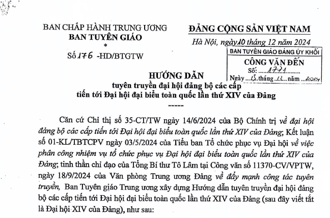 Hướng dẫn 176 tuyên truyền đại hội đảng bộ các cấp tiến tới Đại hội XIV của Đảng 