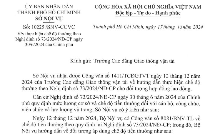 Công văn 10225 về tiền thưởng theo Nghị định 73 cho đối tượng hợp đồng lao động