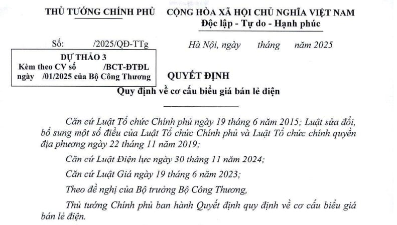 Dự thảo Quyết định về cơ cấu biểu giá bán lẻ điện mới nhất