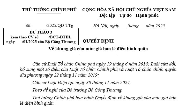 Dự thảo Quyết định về khung giá của mức giá bán lẻ điện bình quân